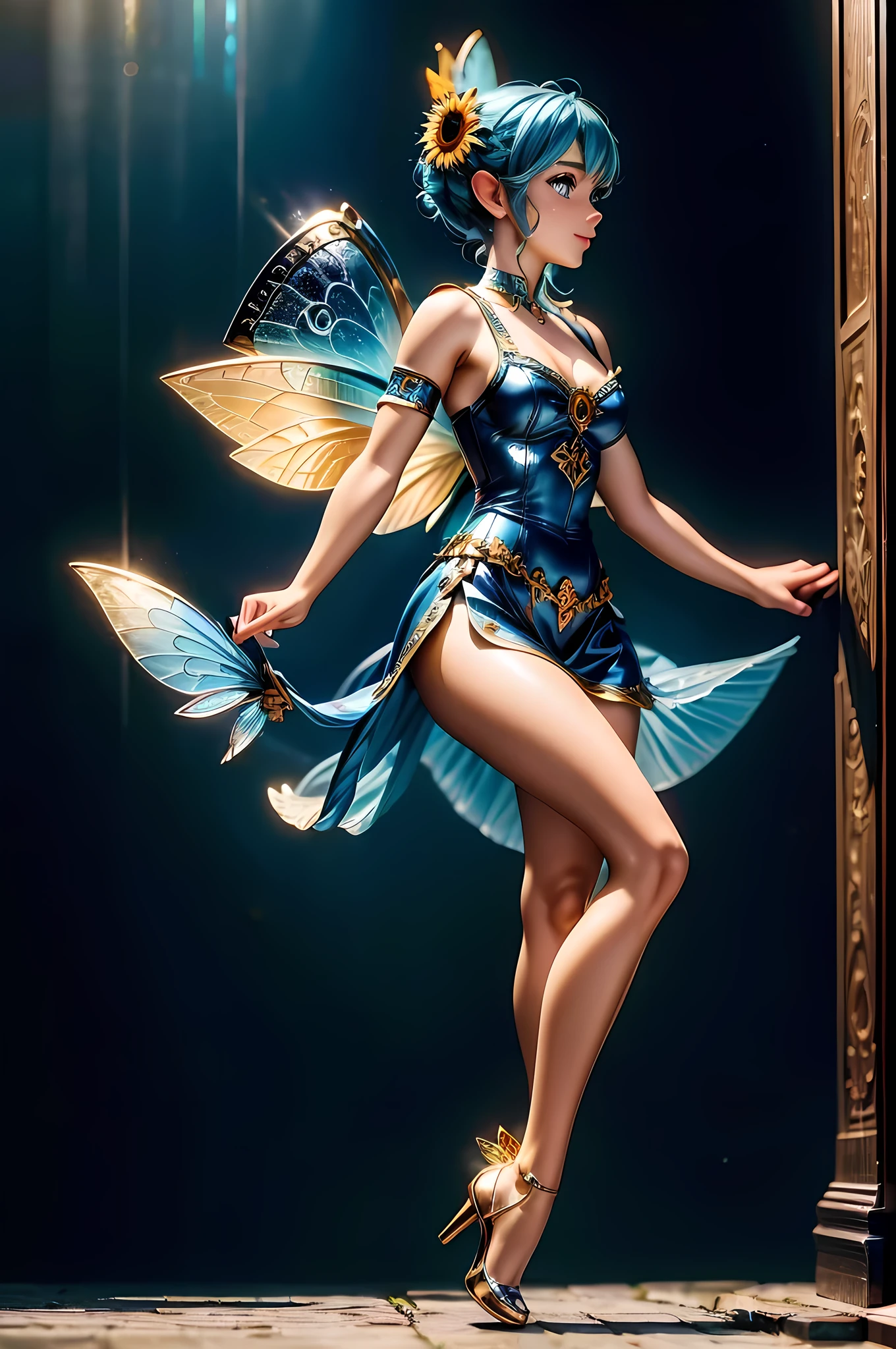 high details, best quality, 16k, RAW, [best detailed], masterpiece, best quality, (extremely detailed), GlowingRunes_paleblue, full body, ultra wide shot, photorealistic, fantasy art, RPG art, D&D art, a picture of a fairy selling flowers in a florist shop, extremely beautiful fairy, ultra feminine (intense details, Masterpiece, best quality), (Blue: 1.3) butterfly wings (intense details, Masterpiece, best quality), blue and white wings (intense details, Masterpiece, best quality),  azure hair, pixie cut hair, shinning hair, flowing hair, shy smile, innocent smile, blue eyes, wearing bright blue skirt, dynamic elegant shirt, chocker, wearing high heels, in flower shop (intense details, Masterpiece, best quality), extreme many (sunflowers: 1.3) (intense details, Masterpiece, best quality), sunflower shop in a modern era street, High Detail, Ultra High Quality, High Resolution, 16K Resolution, Ultra HD Pictures, Ultra Realistic, Clear Details, Realistic Detail, Ultra High Definition, Big Fairy Wings