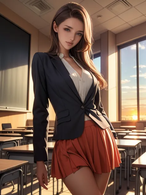 (8k,Photorealistic, masutepiece, Best Quality, Raw photo:1.3)、1woman in, 25years old,Solo,teacher, Long hair, Brown hair, Detail...
