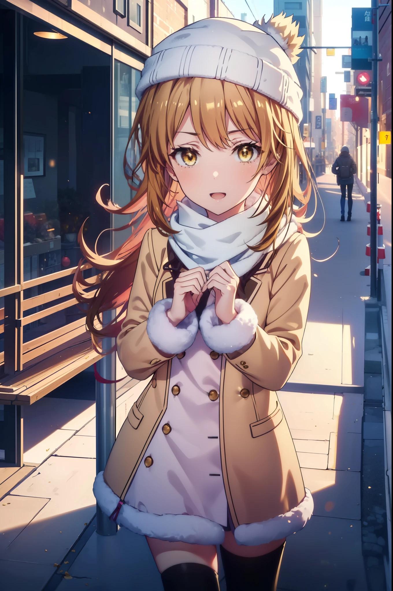 irohaisshiki, Iroha Isshiki, Long Hair, Brown Hair, (Brown eyes:1.5), Hair between the eyes, Pink Hair,happy smile, smile, Open your mouth,Knitted hat,Yellow coat,White scarf,White sweater,He has fluffy gloves on both hands..,Long skirt,black tights,short boots,that&#39;it&#39;s snowing,It&#39;s snowing,winter,Cold Sky,moonlight,full moon,よる
break looking at viewer, whole body, Upper Body,
break outdoors, city,Building Street,
break (masterpiece:1.2), highest quality, High resolution, unity 8k wallpaper, (shape:0.8), (Fine and beautiful eyes:1.6), Highly detailed face, Perfect lighting, Highly detailed CG, (Perfect hands, Perfect Anatomy),