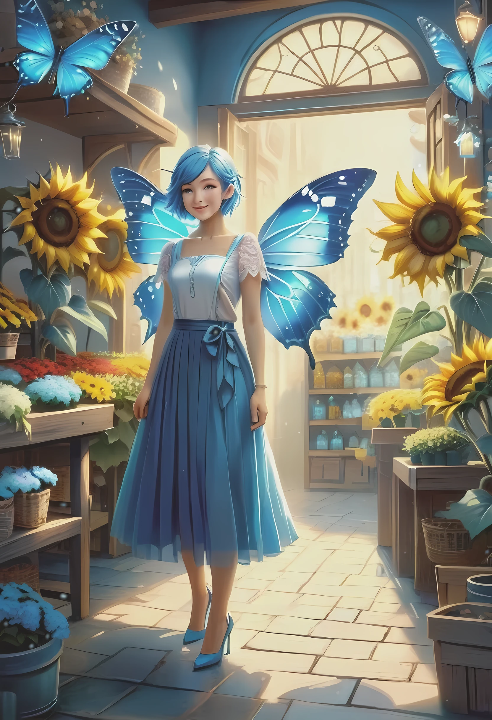 high details, best quality, 16k, RAW, [best detailed], masterpiece, best quality, (extremely detailed), GlowingRunes_paleblue, full body, ultra wide shot, photorealistic, fantasy art, RPG art, D&D art, a picture of a fairy selling flowers in a florist shop, extremely beautiful fairy, ultra feminine (intense details, Masterpiece, best quality), (Blue: 1.3) butterfly wings (intense details, Masterpiece, best quality), blue and white wings (intense details, Masterpiece, best quality),  azure hair, pixie cut hair, shinning hair, flowing hair, shy smile, innocent smile, blue eyes, wearing bright blue skirt, dynamic elegant shirt, chocker, wearing high heels, in flower shop (intense details, Masterpiece, best quality), extreme many (sunflowers: 1.3) (intense details, Masterpiece, best quality), sunflower shop in a modern era street, High Detail, Ultra High Quality, High Resolution, 16K Resolution, Ultra HD Pictures, Ultra Realistic, Clear Details, Realistic Detail, Ultra High Definition, Big Fairy Wings, dvr-lthr, lace drawing,