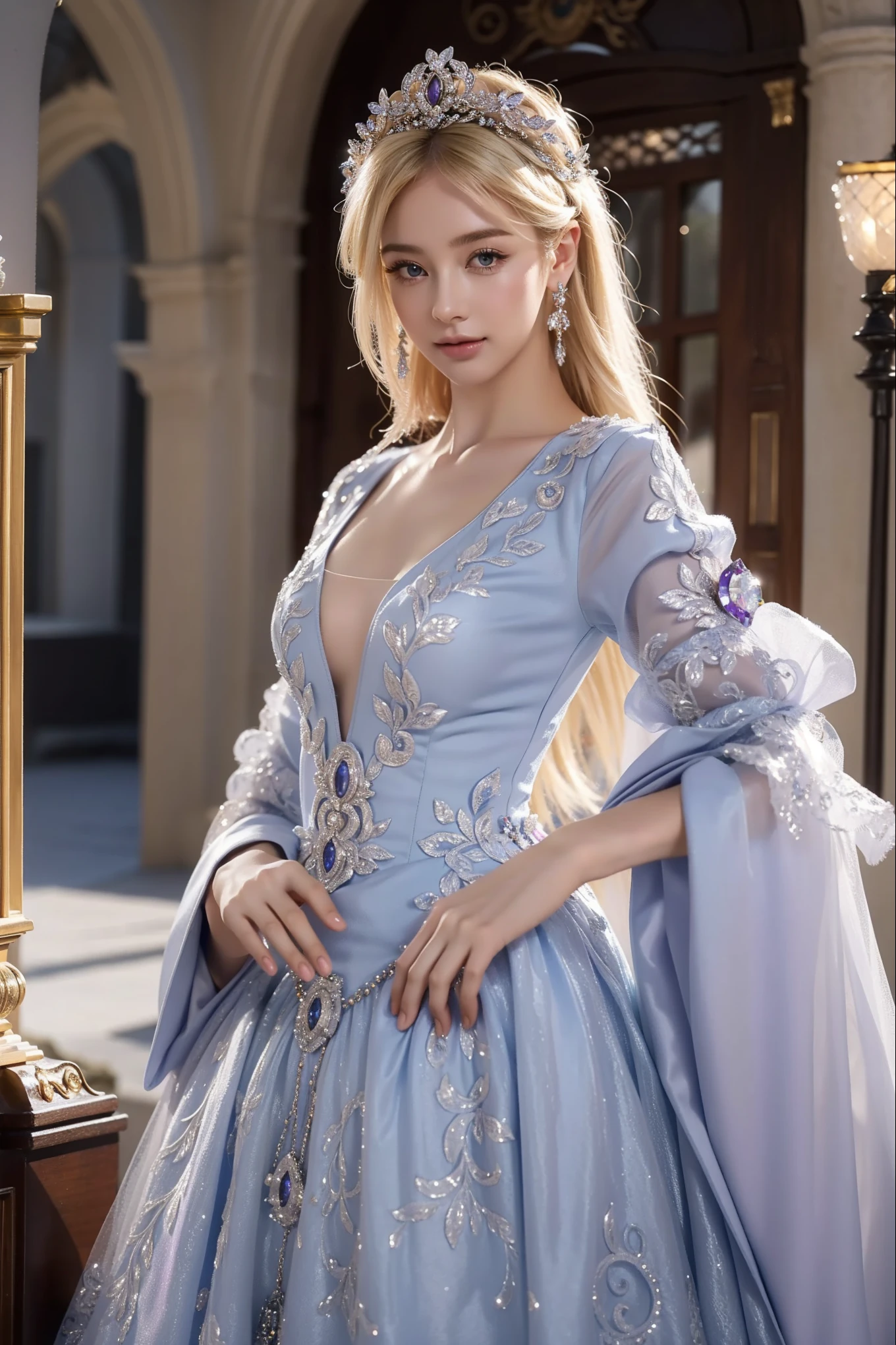 ((top quality、masterpiece、realistic:1.4、In 8K))、beautiful woman、18 years old、Beautiful facial expressions、blond hair、Highly detailed eyes and face、beautiful and delicate eyes、suit gloves、（Gorgeous purple luxury dress in medieval European style、medieval european style headdress)、red dress、luxury accessories、（Woman walking down the hallway of a european style castle）、glass shoeovie lights、textured skin、super detail、high detail、high quality、highest resolution、looking at viewer、Graceful smile、whole body、European、