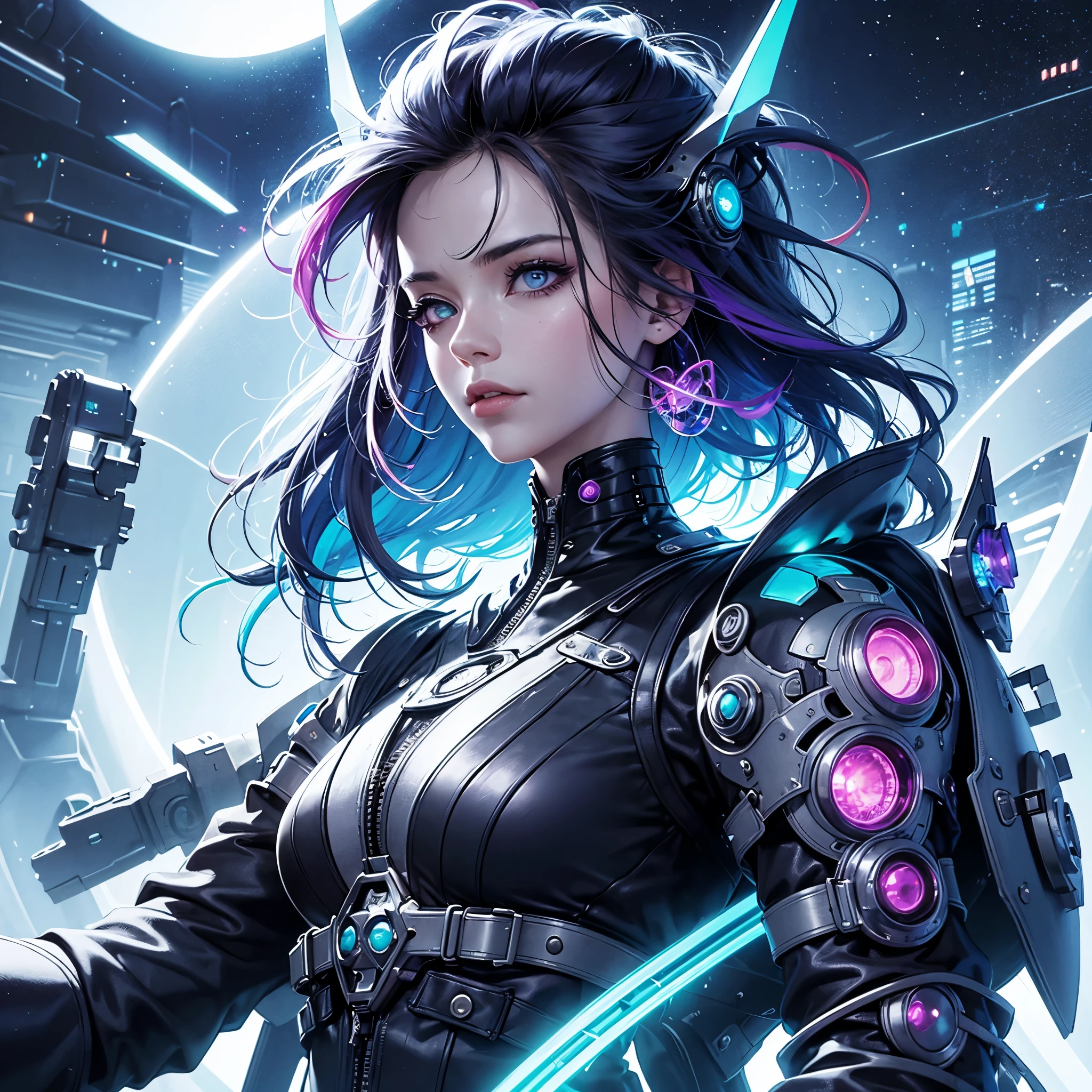 A portrait of a person with a futuristic and artistic theme. The individual has a vivid, colorful hairstyle. They wear oversized, elaborate goggles that look like they are made of colorful, translucent crystals, reflecting the nebulous scene of colors. The goggles have a detailed, ornately futuristic design, reminiscent of a cyberpunk aesthetic. The background is a nebulous scene with starry lights, suggesting a bustling city at night. The person's skin should have a gentle iridescent quality, reflecting the ambient colors.