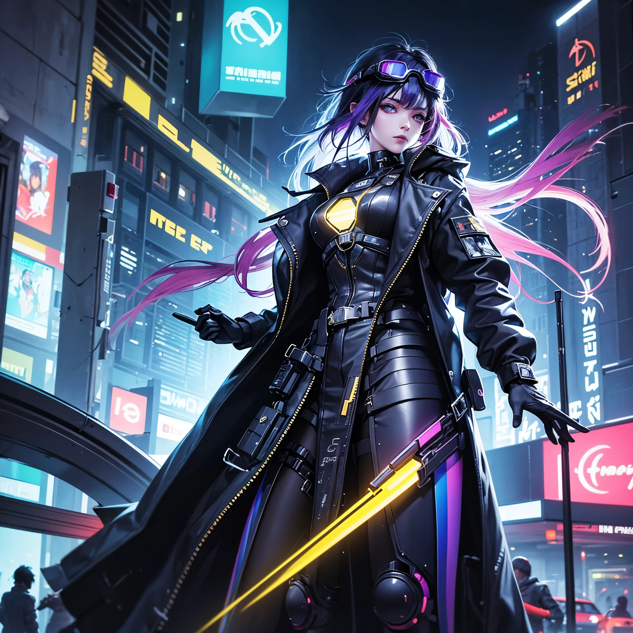 A portrait of a person with a futuristic and artistic theme. The individual has a vivid, colorful hairstyle. They wear oversized, elaborate goggles that look like they are made of colorful, translucent crystals, reflecting the nebulous scene of colors. The goggles have a detailed, ornately futuristic design, reminiscent of a cyberpunk aesthetic. The background is a nebulous scene with starry lights, suggesting a bustling city at night. The person's skin should have a gentle iridescent quality, reflecting the ambient colors.