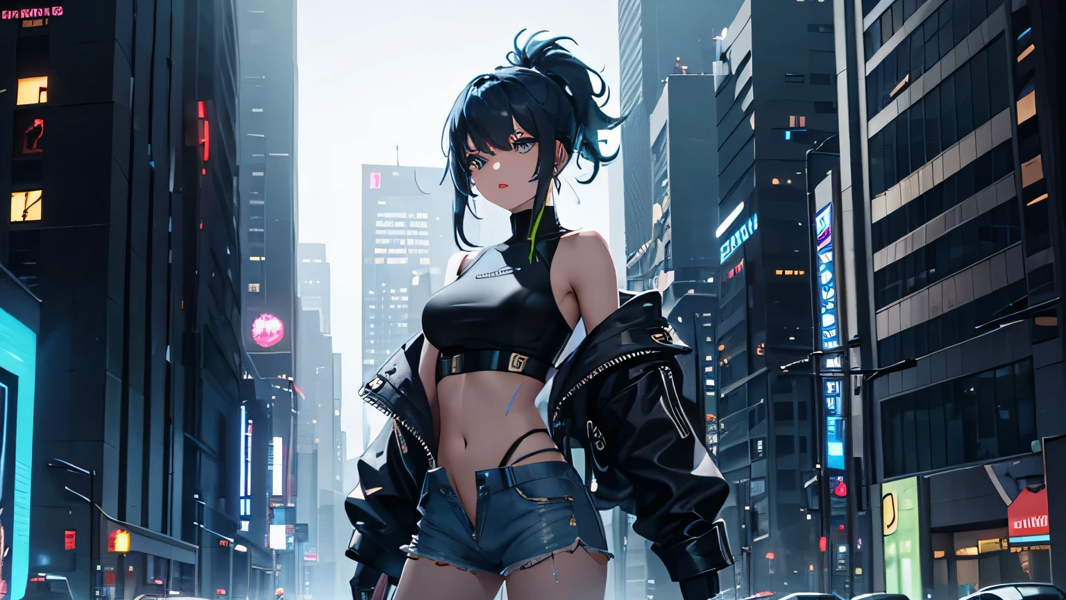 importing the scenery of a futuristic cyber city, surrounded by neon lights and holographic advertisements. The girl is standing on a rooftop, with the wind blowing through her hair. Her eyes are a vibrant, glowing blue, and she has a determined expression on her face. The cityscape behind her is filled with towering skyscrapers and flying cars. The atmosphere is filled with a sense of mystery and excitement. The girl's outfit is made of high-quality materials, reflecting a shiny and sleek texture. She is wearing a black off-shoulder jacket, a black crop top, and black short jeans. The jacket has intricate details and is adorned with futuristic accessories, like glowing LED strips and metal studs. Her crop top has a holographic design that changes colors with her movement. The jeans have a worn-out look, with distressed details and patches of neon-colored fabric. The cyber city is bathed in a dark, moody color palette. The predominant colors are shades of blue, purple, and green, which are intensified by the neon lights illuminating the streets. The holographic advertisements flicker and change, creating a vibrant and dynamic atmosphere. The lighting in the scene is dramatic, with the neon lights casting a vibrant glow on the surroundings. There are stark contrasts between light and shadow, adding to the overall cyberpunk aesthetic. The girl's face is highlighted with soft, cool-toned lighting, emphasizing her features and adding depth to her expression. The image quality of the artwork is of the highest caliber, resembling a 4k or 8k resolution masterpiece. The level of detail is astonishing, capturing every intricate aspect of the scene. The rendering technique used is photorealistic, creating a sense of realism in the cyber cityscape. Overall, the prompt captures the essence of a cyberpunk girl in a futuristic city setting, with attention to detail in her outfit, the cityscape, the color palette, the lighting, and the overall image quality. It sets the stage