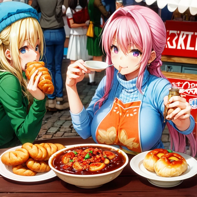 Woman eating piroshki and borsch at a Russian street food stall　highest quality　Tight clothing　There is a bottle of vodka on the table　Borsch 1.5