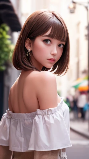 one girl, (a beauty girl, delicate girl:1.3), (18-year-old, Gal:1.3),
break, (serafuku, Off the shoulder:1.3),
break, Very fine grain definition, (Symmetrical eyes:1.3),
break, (Street view:1.3), (From the back, Lean forward:1.3),
break, Mid-chest, Brown eyes, Parted bangs, Brown Hair,  girl,Short Bob Hair,
break, (Eyes and facial details:1.0),
break, (masterpiece, highest quality, Super detailed, Detailed face, 8k),Shot to the knee,