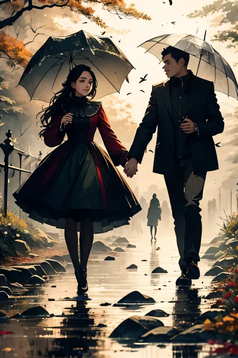 A captivating masterpiece of a couple walking in Central Park, New York, during the enchanting fall season in the rain, skillful...