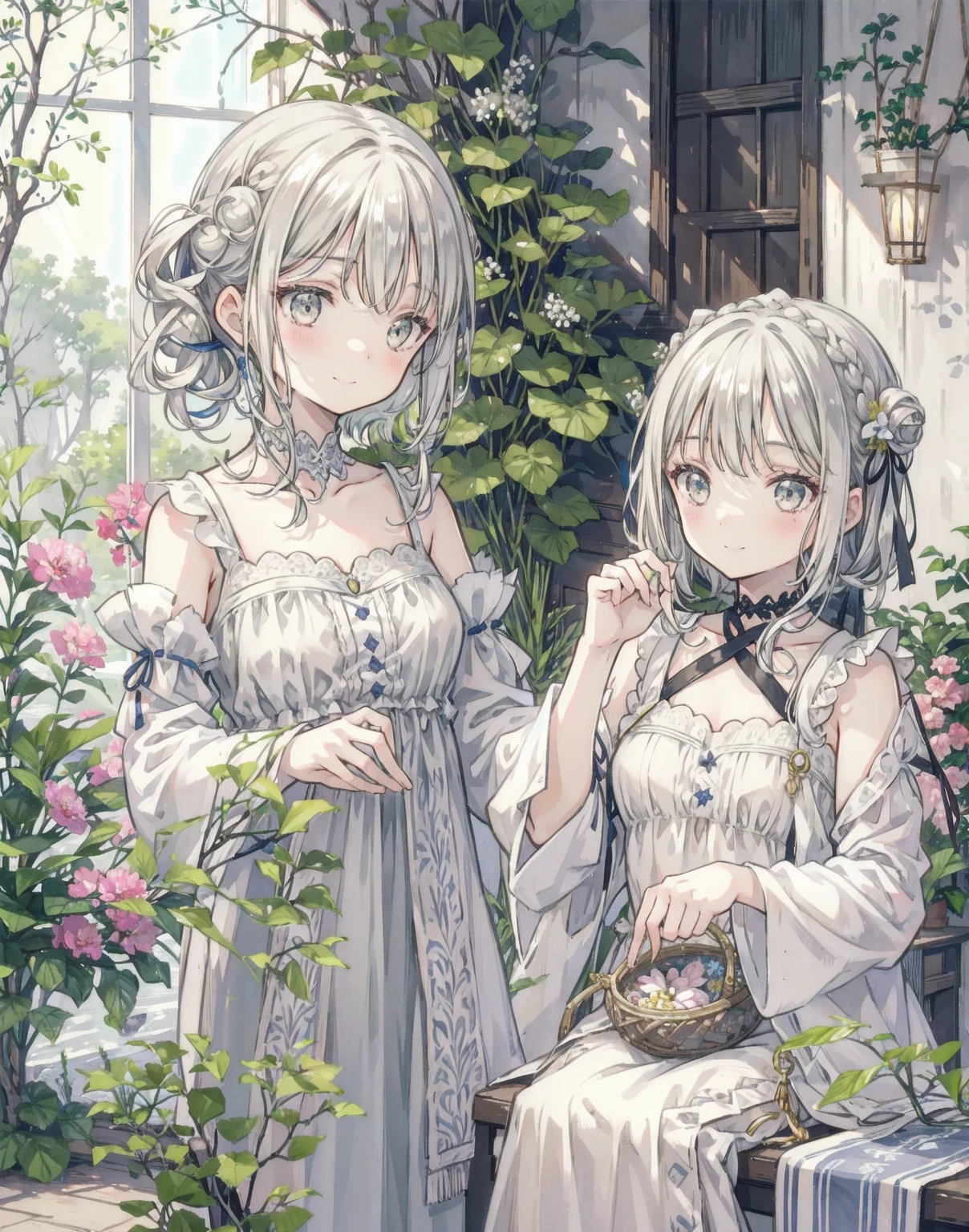 natural lighting, gentle smile, upturned cheeks, slightly shining silver gray hair, coquettish hair, half up do, silky luster, plants, flowers, spring ephemerals, atelier series, alchemist,