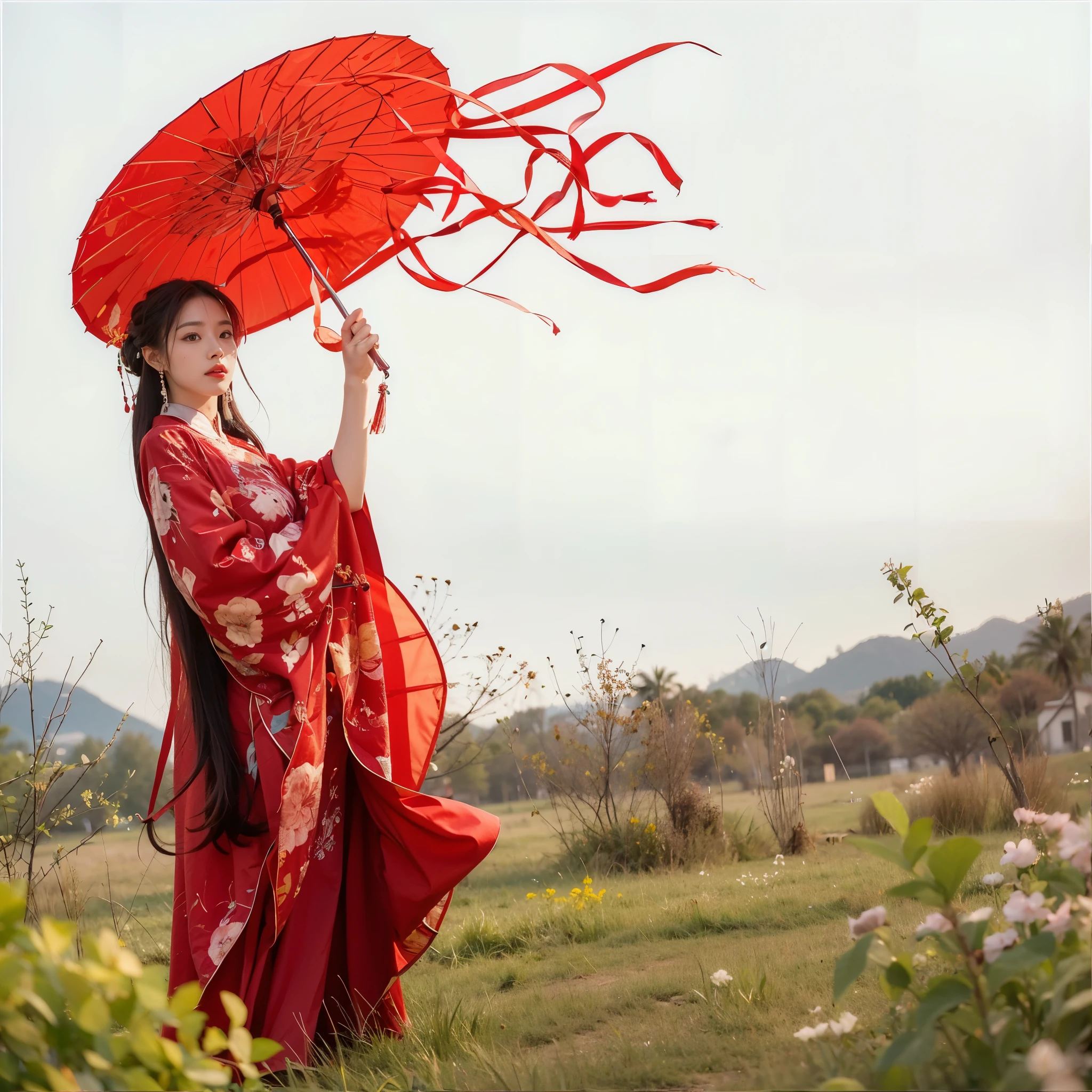 UHD, masterpiece, anatomically correct, textured skin, super detail, high details, high quality, best quality, highres,16k,Red Umbrella, Silk fluttering in the wind, Chinese woman,Wearing red cheongsam,Chinese, Wearing Chinese clothing,Proper body proportion,Ultra-high quality images,A high resolution,complex intricate details,Very fine and beautiful hair,Photos realistic,Dreamy,Professional Lighting,Realistic shadows,Beautiful hands,Beautiful fingers,Beautiful face,Detailed finger features,detailed clothes features,Detailed hair features,Detailed facial features。