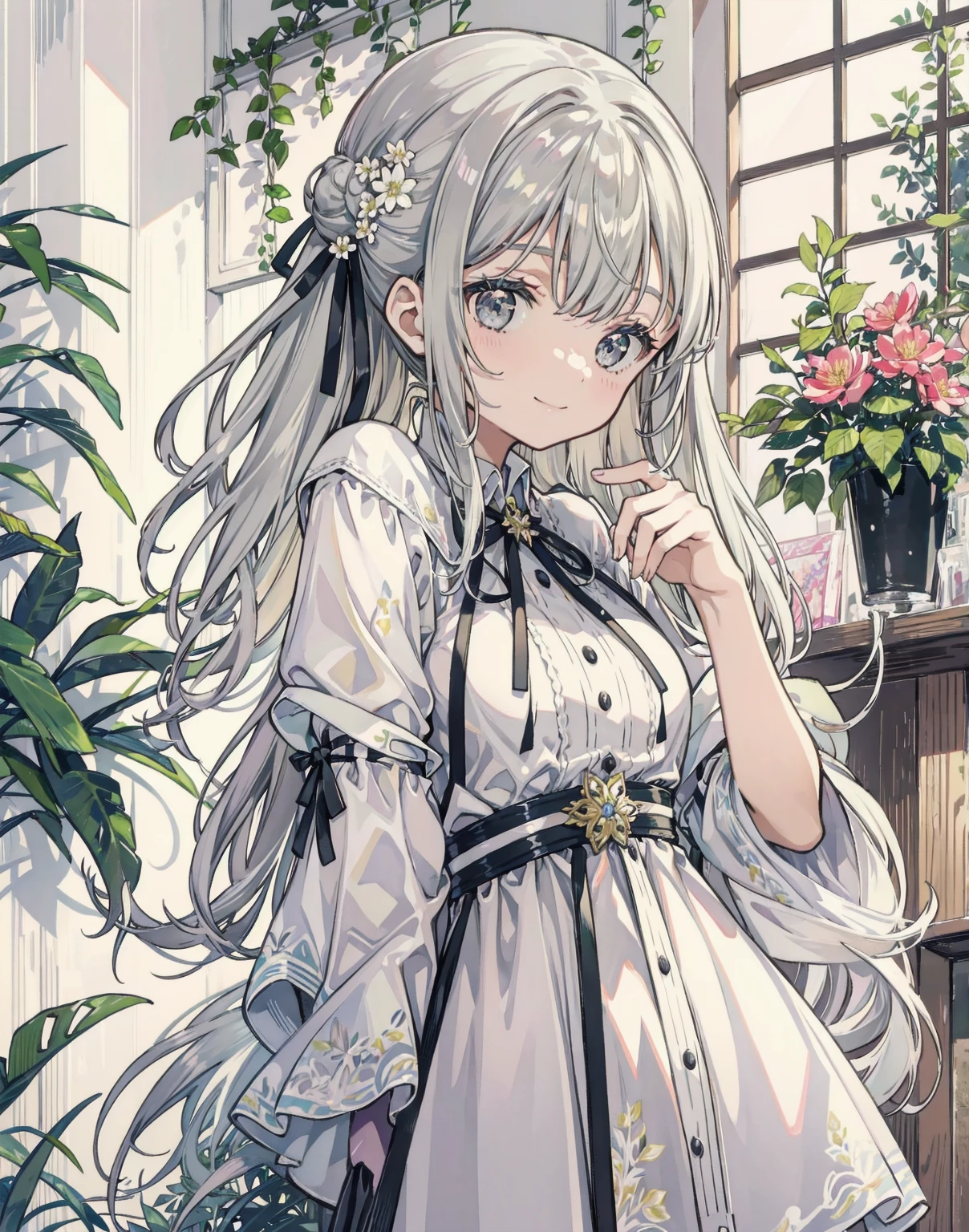 natural lighting, gentle smile, upturned cheeks, slightly shining silver gray hair, coquettish hair, half up do, silky luster, plants, flowers, spring ephemerals, 1girl, solo, flower  design hair ornament , 