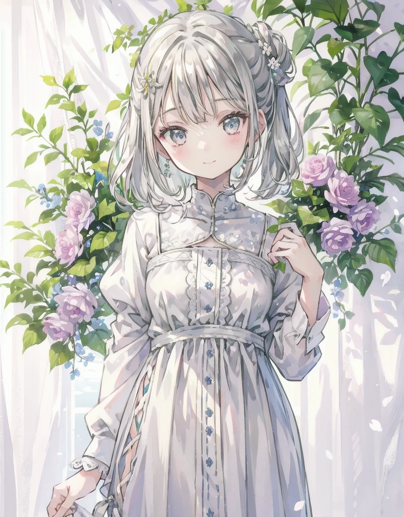 natural lighting, gentle smile, upturned cheeks, slightly shining silver gray hair, coquettish hair, half up do, silky luster, plants, flowers, spring ephemerals, 1girl, solo, flower design hair ornament ,