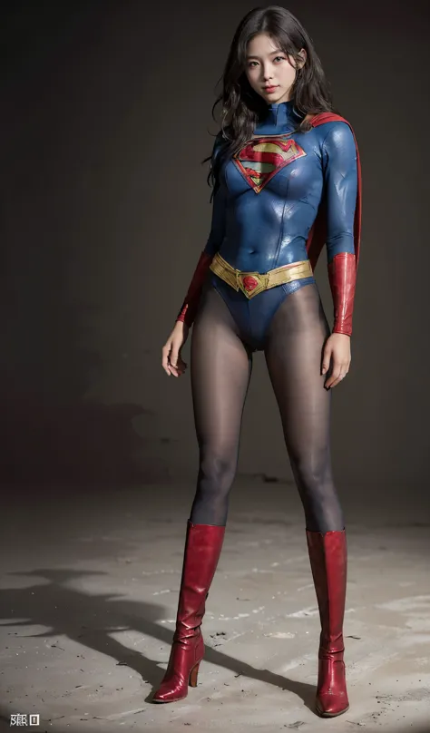 No background、(((Beautiful legs in black tights.)))、(((Legally express the beauty of your smile)))、((((Make the most of your original images)))、(((Supergirl Costume)))、(((Beautiful boyish short hairstyle)))、(((suffering)))、(((Please wear black tights....、W...