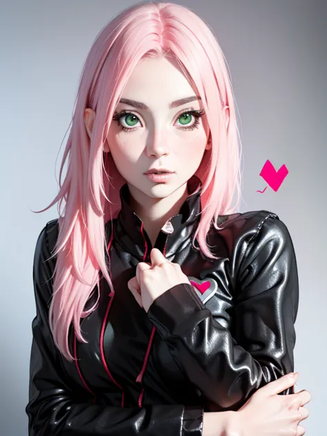 young woman, short shoulder-length pink hair, wide forehead, porcelain skin, pink eyebrows, big emerald green eyes, buttoned nos...