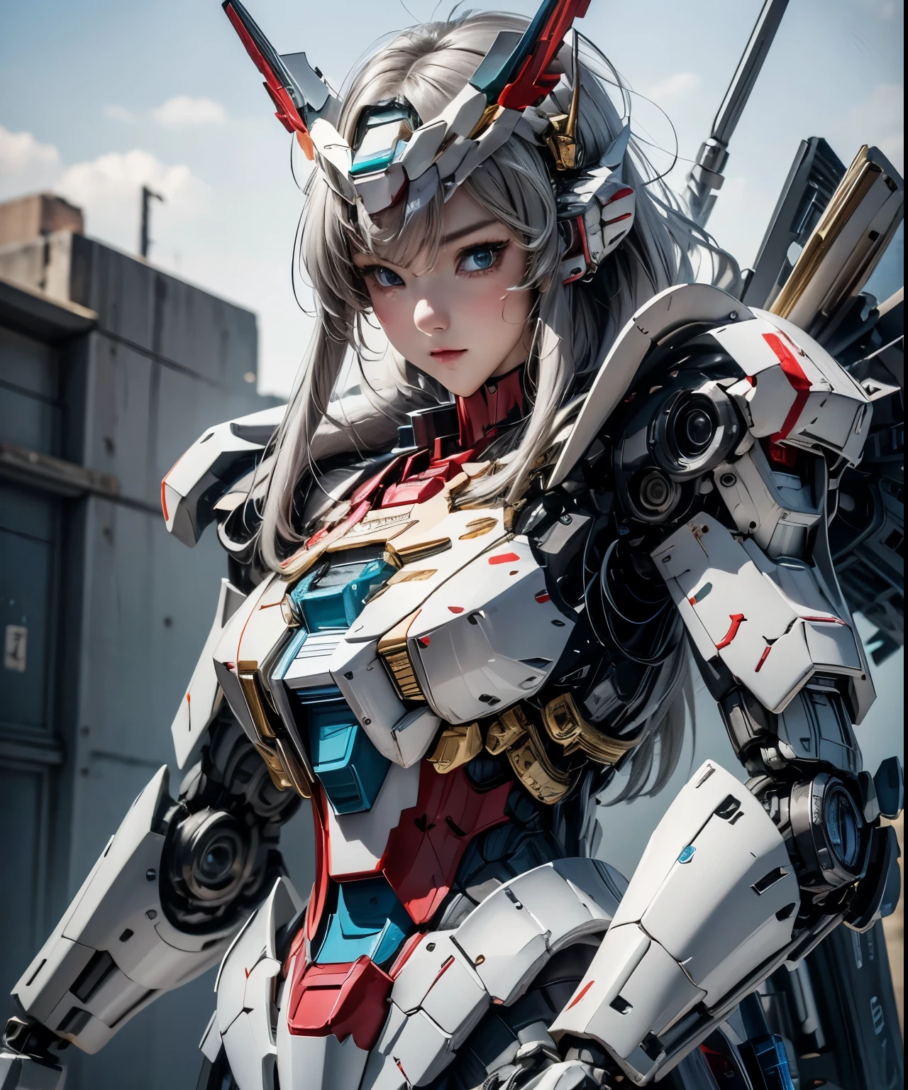 Textured skin, Super Detail, Attention to detail, high quality, 最high quality, High resolution, 1080p, hard disk, beautiful,(Gundam),beautifulサイボーグ女性,Mecha Cyborg Girl,battle mode,Girl with a mechanical body,She wears a futuristic Gundam mecha,Full Body Shot