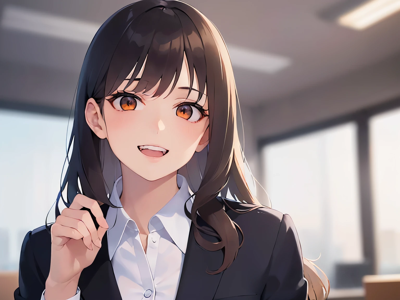 Upper Body, Realistic, real person, (pale skin: 1.2), RAW photo, photorealistic, portrait photography, shiny skin, shiny hair、(A 25-year-old woman with medium-length hair and bangs) and (wavy hair) and (brown hair) and (orange eyes) , (business suit:1.5) and (White shirt） 、grin, open mouth, The background is the office、Alone、Are standing