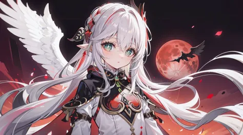 nahida_genshin impact,(white and red gradation hair),cross in the eye,default_dress,blood red cloak,simple background，blood moon...