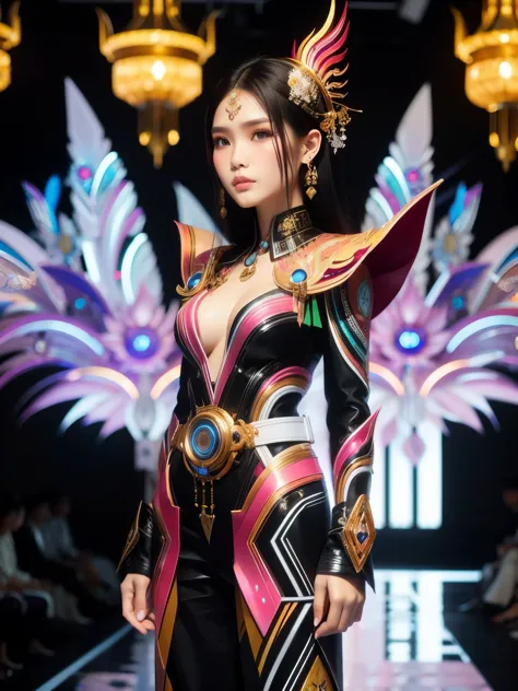 an indonesian-styled futuristic suit worn by a girl depicting cultural fusion and modern fashion. the suit is adorned with intri...