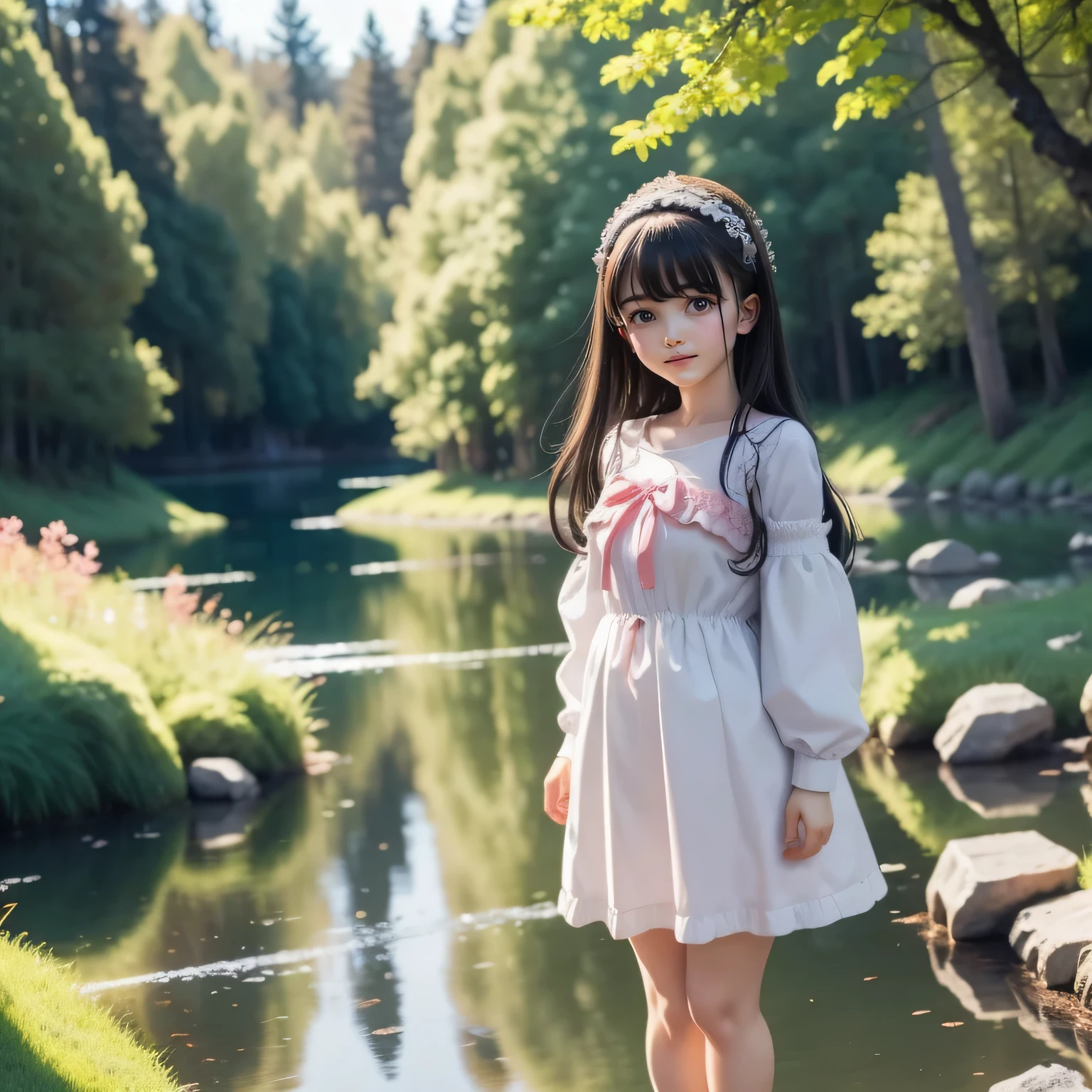 Cute Baby Little Anime,super masterpiece, highest quality, Very detailed, Girl 1、（（（Little）））、Black-haired、Magic 、Magic wand、Looking at the camera、Full Body Shot、Forests and lakes in the Magic land of fairy tales