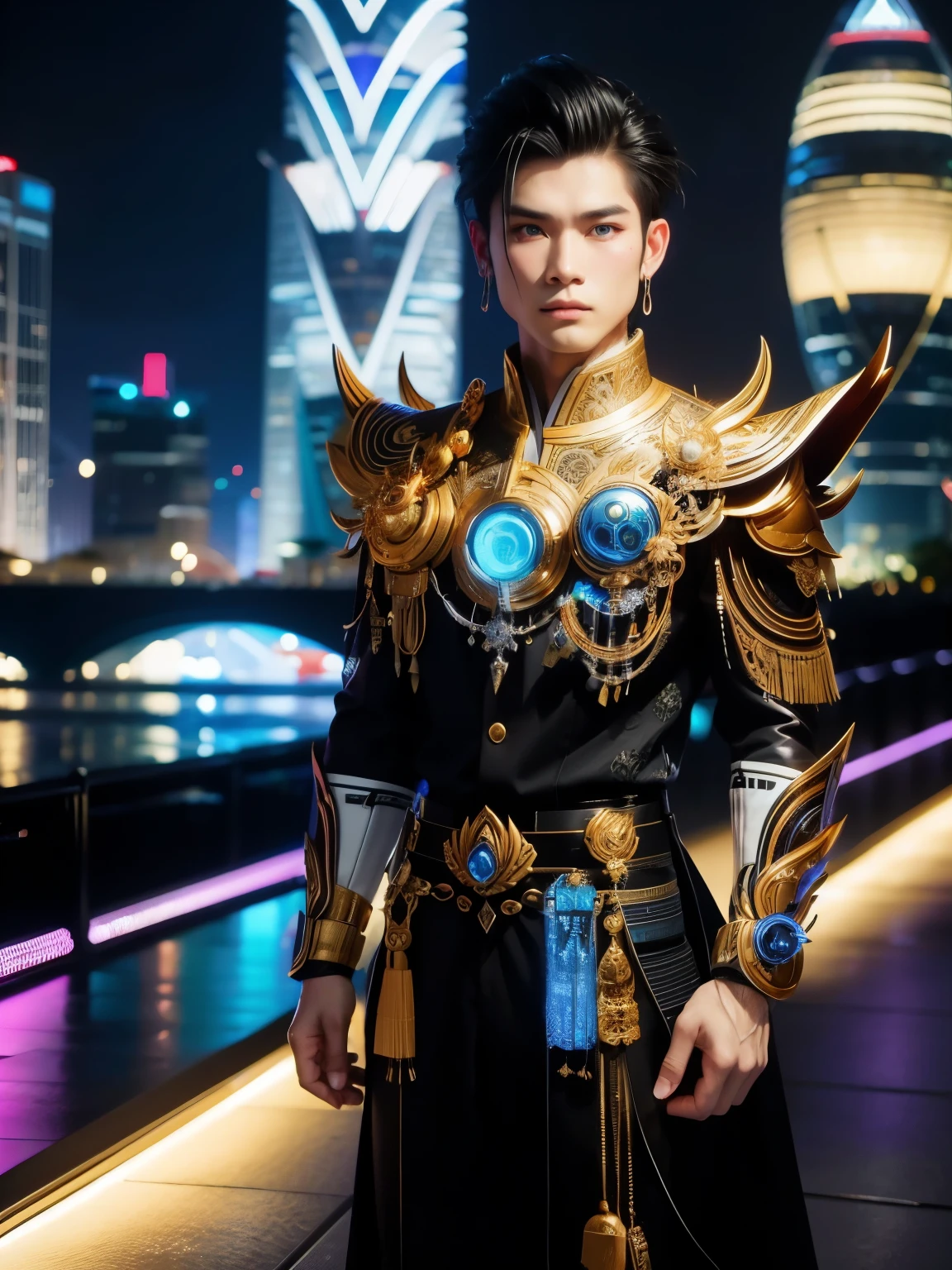 (high quality), (masterpiece), (detailed), 8K, Hyper-realistic illustration depicts (Japanese boy1.3) with striking (vibrant blue eyes1.2) and (jet-black hair1.2) styled in a trendy (undercut1.2), dressed in a fusion of (traditional Thai garb1.2) and (futuristic armor1.2) adorned with (golden filigree1.2) and (intricate Buddhist motifs1.2). He stands in a (modern Bangkok cityscape1.2) with (neon-lit skyscrapers1.2) and (holographic advertisements1.2) surrounding him, exuding a sense of (cutting-edge technology1.2) and (cultural fusion1.2). In the style of Tanapol Chuksuntoder, trending on Artstation.