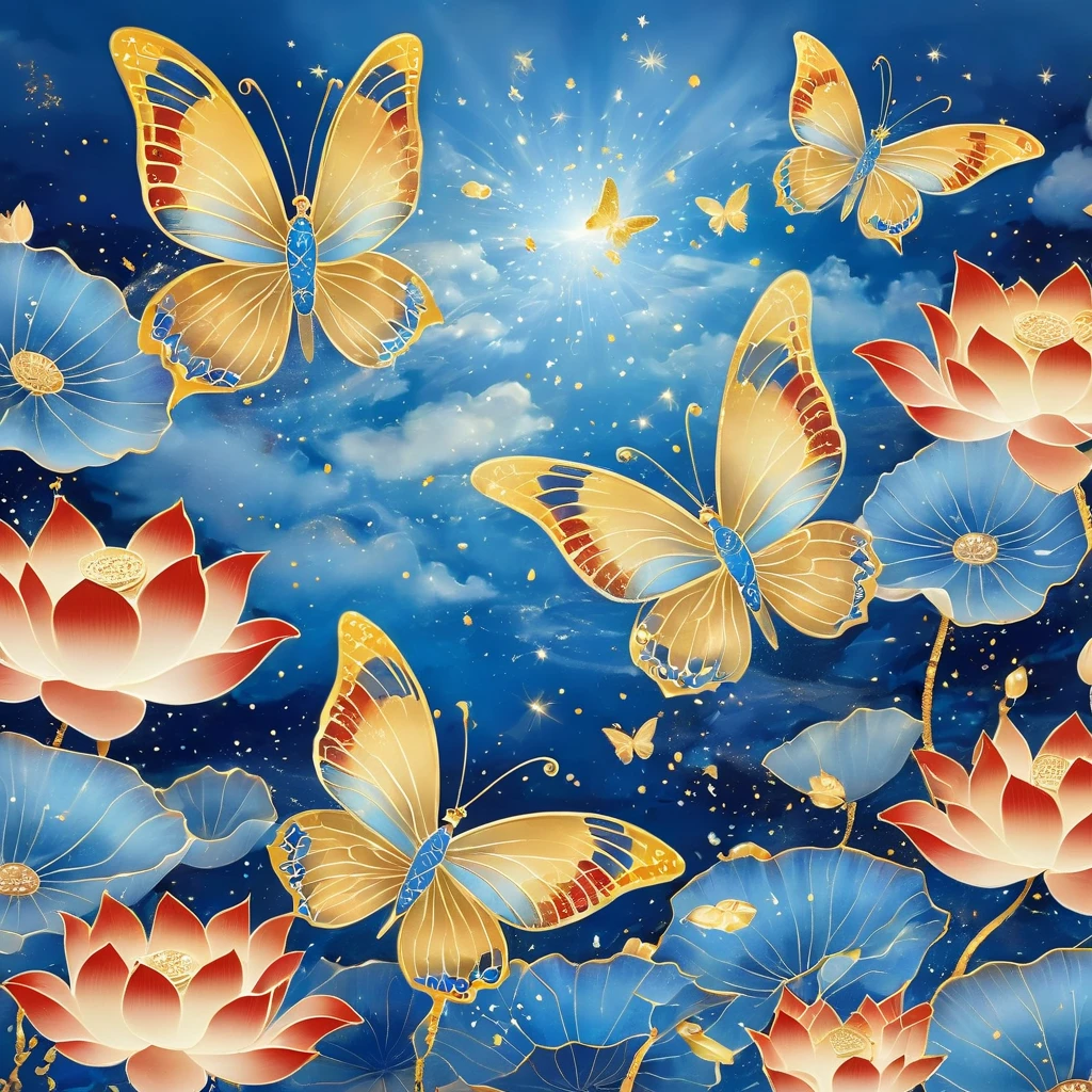 Dunhuang art style illustration,Many blue butterflies with patterns surrounded by auspicious clouds，Transparent diamond wings,Magnificent ,（Blue butterfly shining with starlight：1.36） Flying in the lotus pond ,extremely delicate brushstrokes, Soft and smooth, Chinese Red and Indigo, Golden background