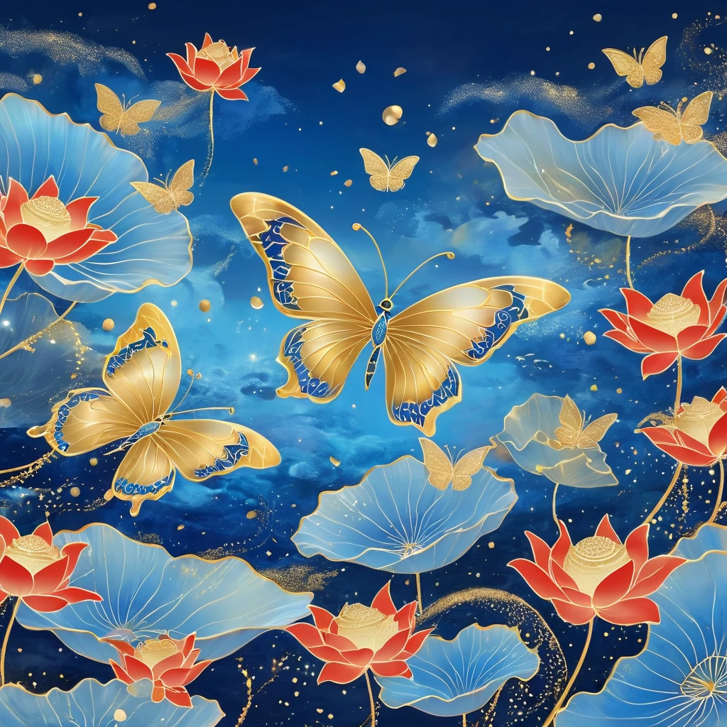 Dunhuang art style illustration,Many blue butterflies with patterns surrounded by auspicious clouds，Transparent diamond wings,Magnificent ,（Blue butterfly shining with starlight：1.36） Flying in the lotus pond ,extremely delicate brushstrokes, Soft and smooth, Chinese Red and Indigo, Golden background