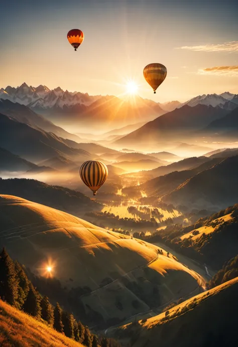 A couple of hot air balloons floats towards the sunrise, the sun appears behind a group of high mountains, orange light, muystic...