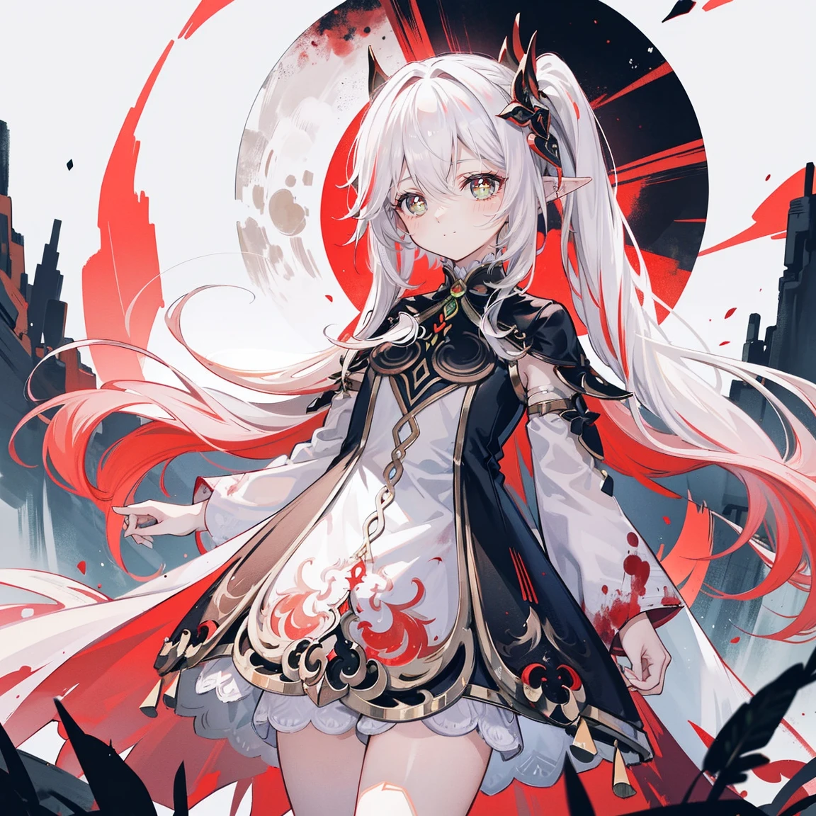 Nahida_Genshin Impact,(white and red gradation hair),Cross in the eye,Default_dress,Blood red cloak,Simple Background，Blood Moon，breath of death，Cold and powerful divinity，Majestic atmosphere,Starry Sky，Devilish smile，The main colors are black and white，Red decorative pattern，Red Style，Blood，衣服についたBlood痕，fallen Angel，Left Black Wing，Right White Wing，Left white、Right black composition