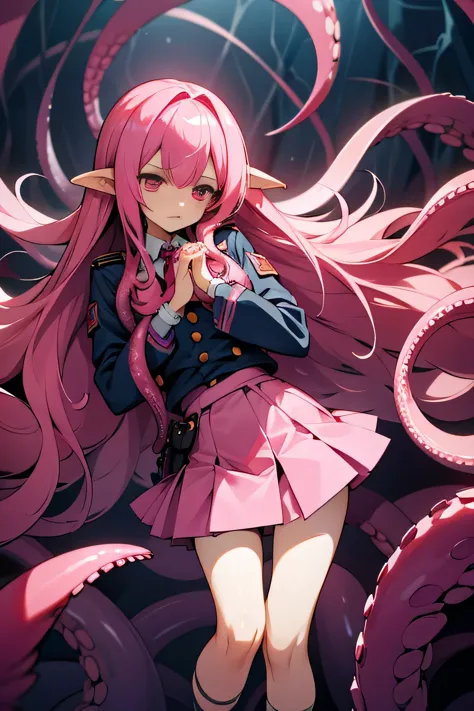A beautiful girl wrapped in tentacles、Wrap multiple tentacles around the body、Tie both hands together、controlled、Displeased face、Pink Hair、Long Hair、Pink eyes、uniform、Short skirt