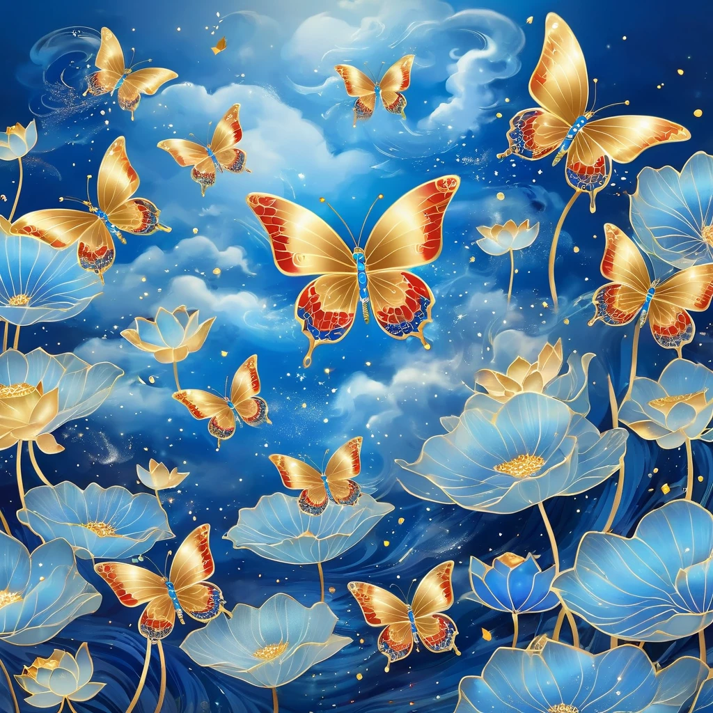 Dunhuang art style illustration,Many blue butterflies with patterns surrounded by auspicious clouds，Transparent diamond wings,Magnificent ,（Blue butterfly shining with starlight：1.36） Flying in the lotus pond ,extremely delicate brushstrokes, Soft and smooth, Chinese Red and Indigo, Golden background