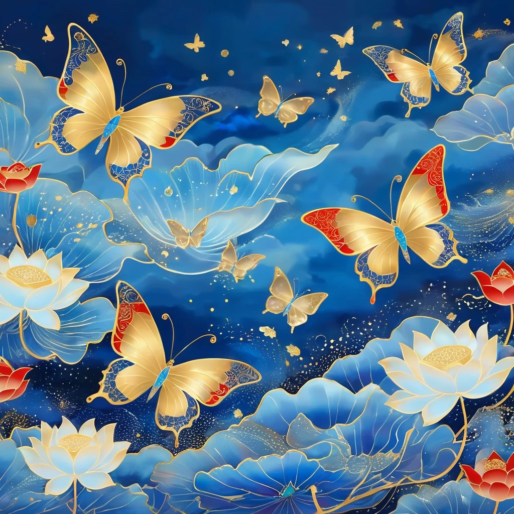 Dunhuang art style illustration,Many blue butterflies with patterns surrounded by auspicious clouds，Transparent diamond wings,Magnificent ,（Blue butterfly shining with starlight：1.36） Flying in the lotus pond ,extremely delicate brushstrokes, Soft and smooth, Chinese Red and Indigo, Golden background