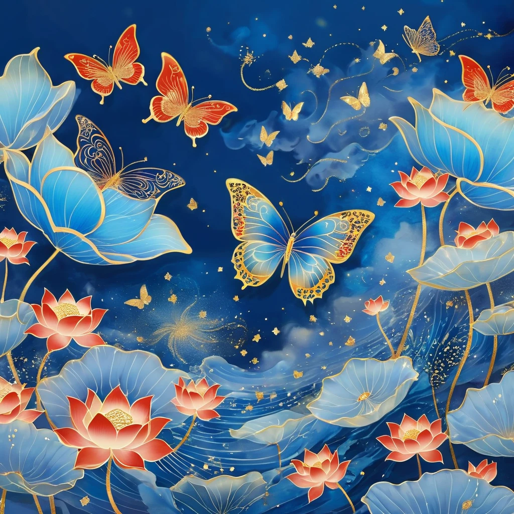 Dunhuang art style illustration,Many blue butterflies with patterns surrounded by auspicious clouds，Transparent diamond wings,Magnificent ,（Blue butterfly shining with starlight：1.36） Flying in the lotus pond ,extremely delicate brushstrokes, Soft and smooth, Chinese Red and Indigo, Golden background