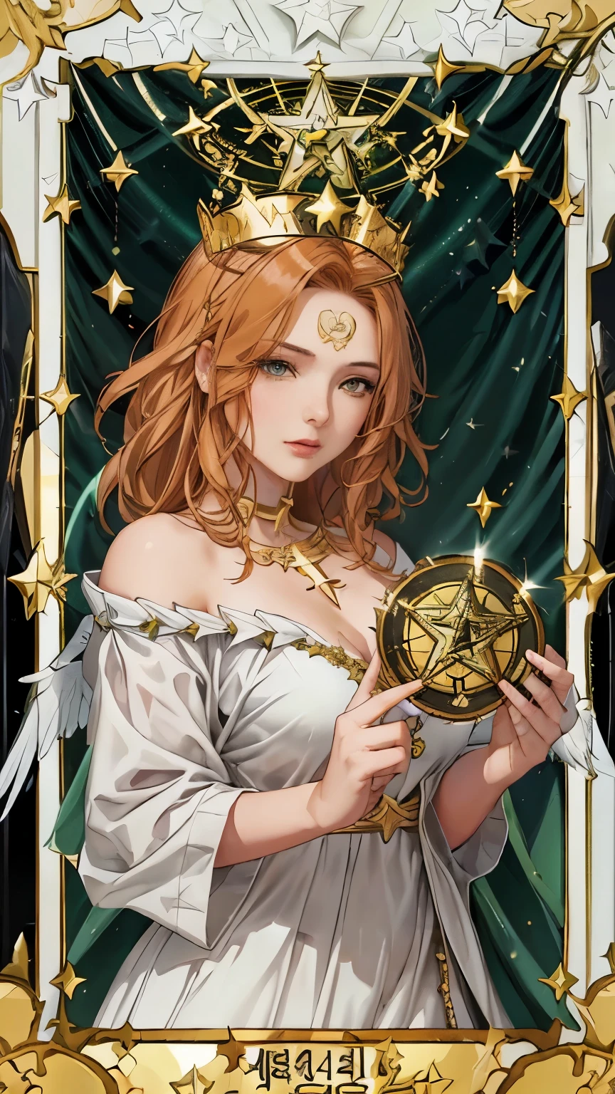 korean woman, Roman goddess wearing a winged crown, angel wings, ((holding a large star-shaped gold coin)), ((Ace of pentacle)), ((Tarot)), card, ((green theme)), white louis frame, Roman frame, Shoulder show dress