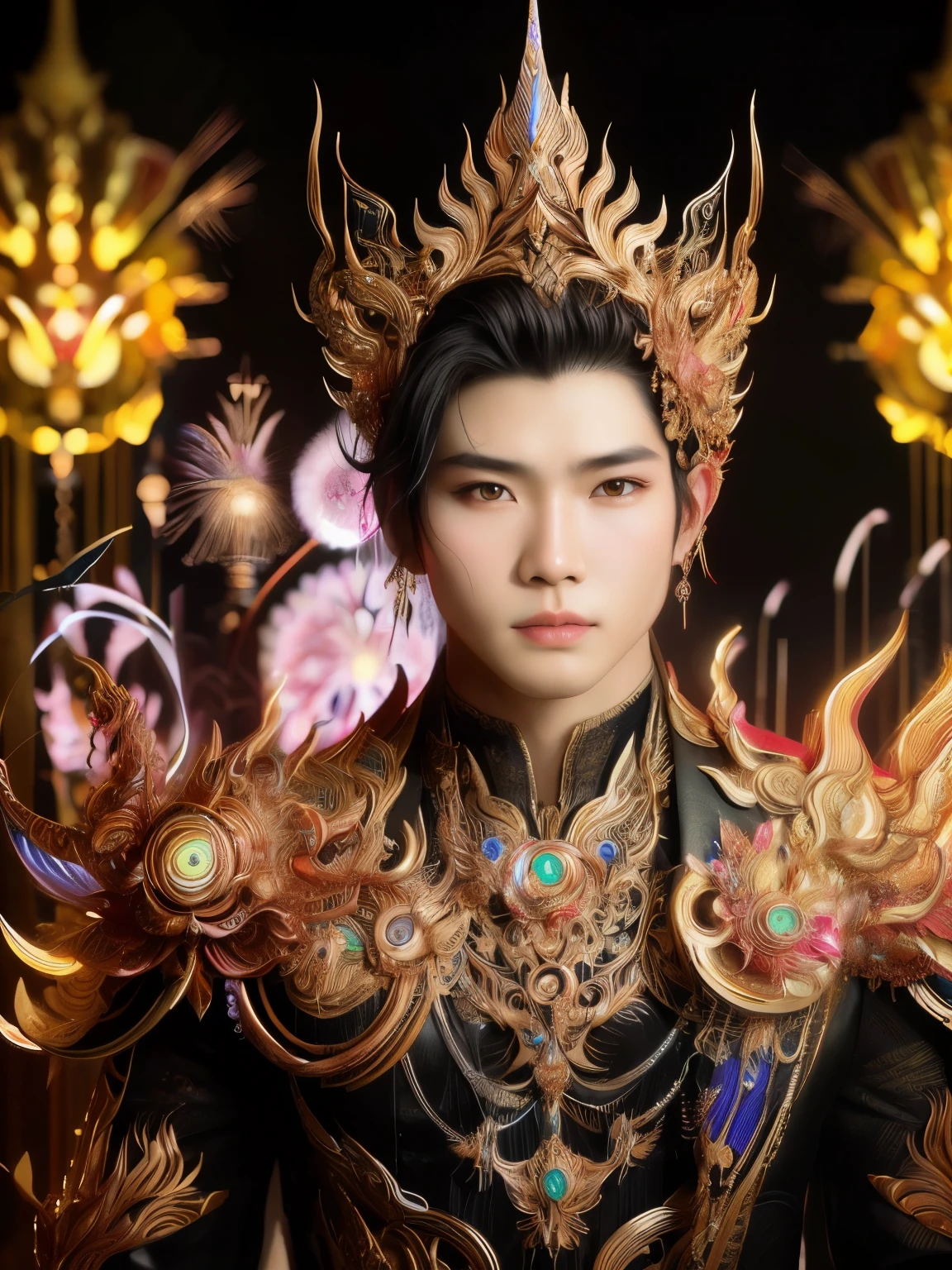 Highly detailed, hyper-realistic portrait of a young Japanese boy, by Hajime Sorayama and Ash Thorp, wearing a stunning, intricately designed fantasy outfit, blending traditional Thai clothing with modern, high-tech elements, set against a vibrant, neon-lit Bangkok cityscape, with subtle hints of Thai architecture, intense, futuristic lighting, Canon EOS 5D Mark IV, ƒ 2.8, 50 mm, 8k, medium-format print, intricate textures, dynamic pose, fusion of Japanese and Thai cultural styles, subtle facial expression, ornate golden accents, intricate patterns.