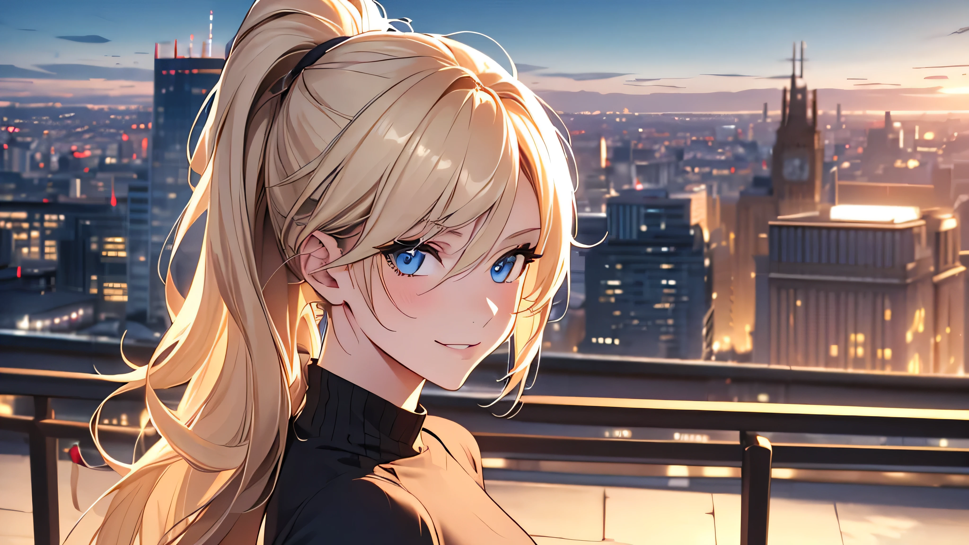 (only one woman), blonde hair, London cityscape in background, Ponytail, (best quality，8K，masterpiece:1.3))，1 girl，Slim beauty:1.3，(Casual hairstyle，1.2)，clothing:1.1，long sleeves ，super delicate face，exquisite eyes，double eyelids，Smile，Home