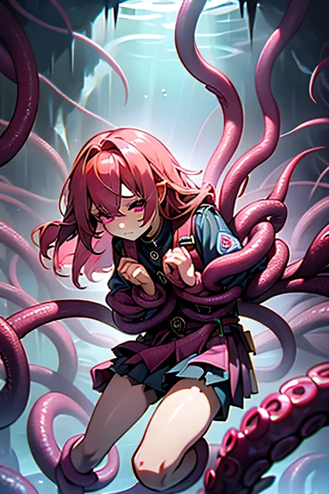 Beautiful girl wrapped in tentacles、Wrap multiple tentacles around the body、Clasp hands together、controlled、Sulky face、Pink Hair、Long Hair、Pink Eyes、uniform、Short skirt