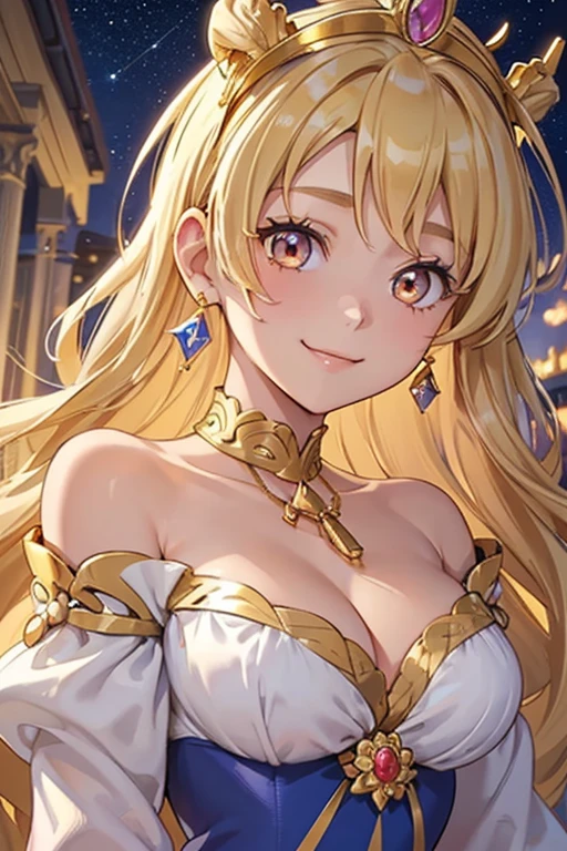 ​masterpiece、top-quality、(Blonde colored long hair、I have bangs:1.1)、(25 year old woman)、 (gold eyes:1.5)、(Big round eyes:1.5)(wearing a gold off-shoulder dress:1.2)、(Emphasis on the chest:1.1)、(modest smile expression:1.3)、(Staring:1.5)、(Close-up of the subject's face:1.3)、standing、five perfect and beautiful fingers、place the camera over the subject、The background is the party venue、Bold composition、Upper body is shown、Alone、Gold bracelet、Gold necklace with blue gemstone、Gold Tiara、Open your mouth、(Curly Hair)、(Large Breasts:1.0)、Gold Collar、midnight、Starry Sky、Palace balcony、(Glowing Skin:1.2)