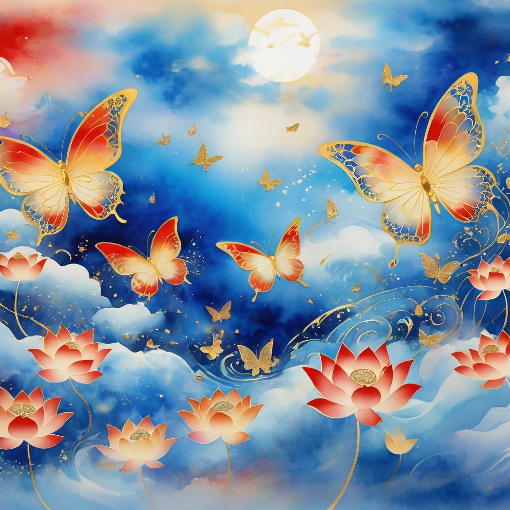 Dunhuang art style illustration,Many blue butterflies with patterns surrounded by auspicious clouds，Transparent diamond wings,Magnificent ,（Blue butterfly shining with starlight：1.36） Flying in the lotus pond ,extremely delicate brushstrokes, Soft and smooth, Chinese Red and Indigo, Golden background