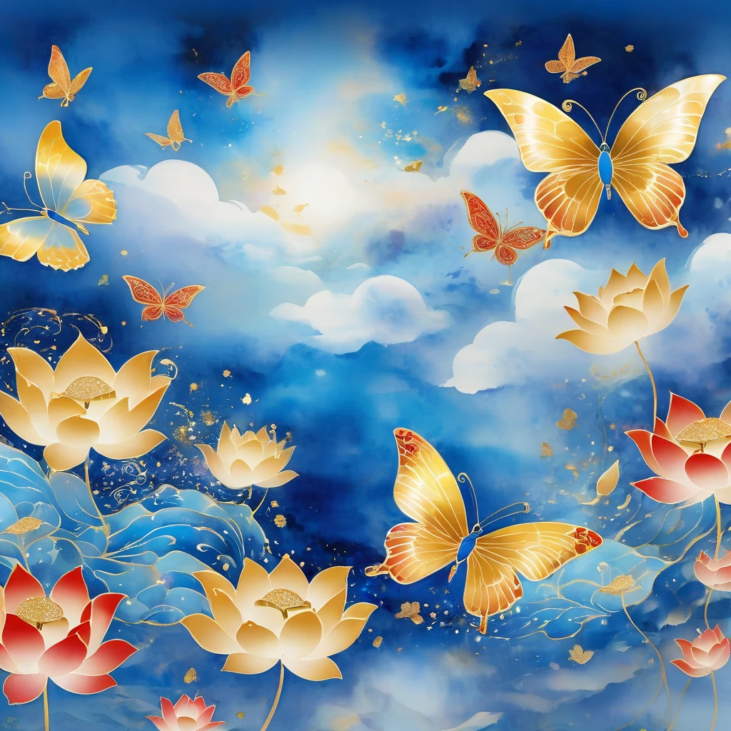 Dunhuang art style illustration,Many blue butterflies with patterns surrounded by auspicious clouds，Transparent diamond wings,Magnificent ,（Blue butterfly shining with starlight：1.36） Flying in the lotus pond ,extremely delicate brushstrokes, Soft and smooth, Chinese Red and Indigo, Golden background