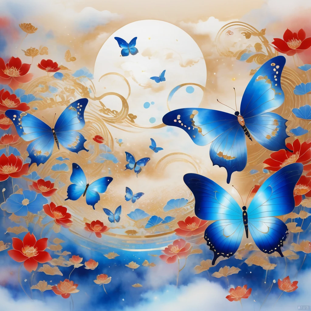 Dunhuang art style illustration,Many blue butterflies with patterns surrounded by auspicious clouds，Transparent diamond wings,Magnificent ,（Blue butterfly shining with starlight：1.36） Flying in the lotus pond ,extremely delicate brushstrokes, Soft and smooth, Chinese Red and Indigo, Golden background