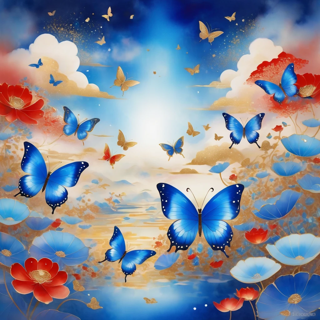 Dunhuang art style illustration,Many blue butterflies with patterns surrounded by auspicious clouds，Transparent diamond wings,Magnificent ,（Blue butterfly shining with starlight：1.36） Flying in the lotus pond ,extremely delicate brushstrokes, Soft and smooth, Chinese Red and Indigo, Golden background