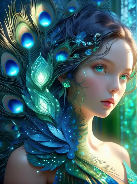 high resolution, Ultra Detailed, (1 blue peacock girl:1.6), (lotus)，Dynamic light wavesBREAKSunlight, reverberation, Experimenta...