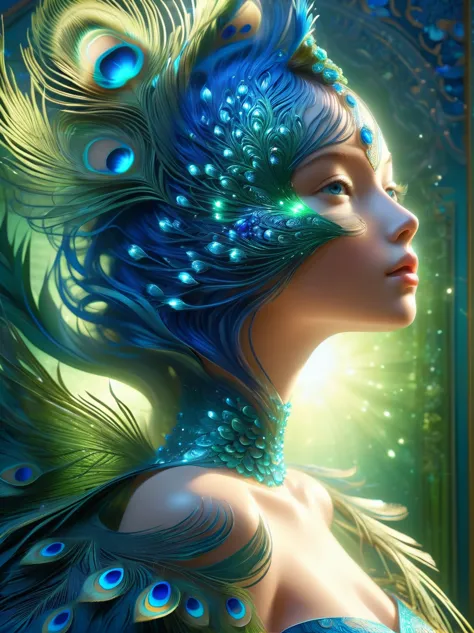high resolution, Ultra Detailed, (1 blue peacock girl:1.6), (lotus)，Dynamic light wavesBREAKSunlight, reverberation, Experimenta...