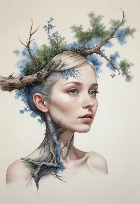 upper body girl, growth,leaf,tree branch on head,branch,fractal, dissect, bone, girl made of branch, ink, scenery break melting,...