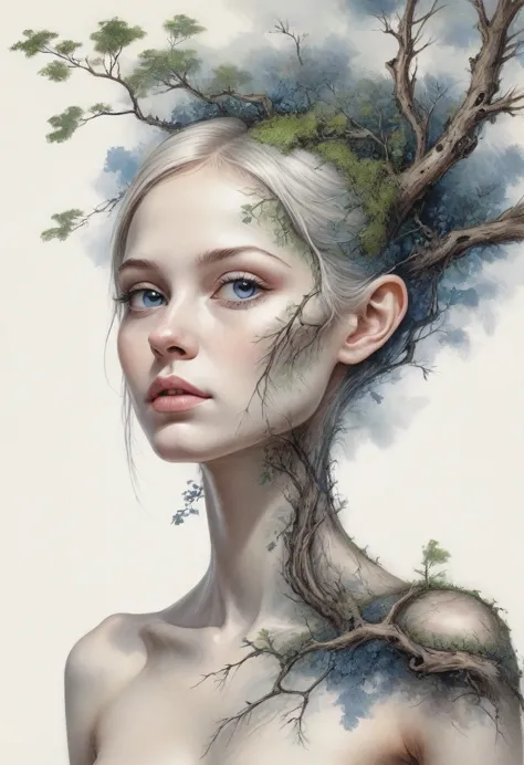 upper body girl, growth,leaf,tree branch on head,branch,fractal, dissect, bone, girl made of branch, ink, scenery break melting,...