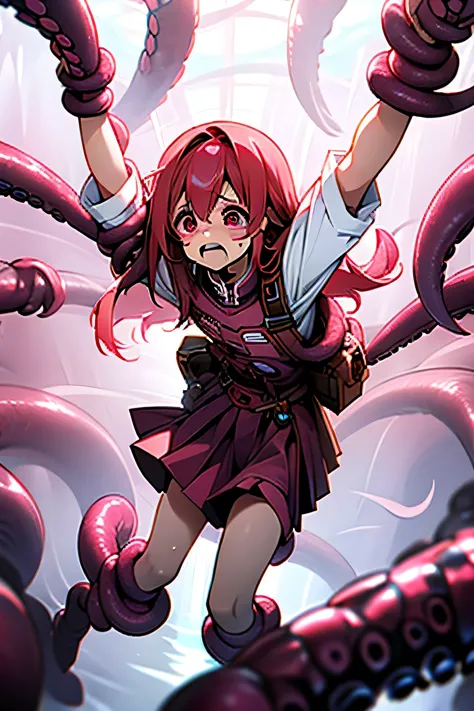 Beautiful girl wrapped in tentacleultiple tentacles stripped of clothes、controlled、Crying face、Red cheeks、Pink Hair、Long Hair、Pink Eyes、uniform、Short skirt