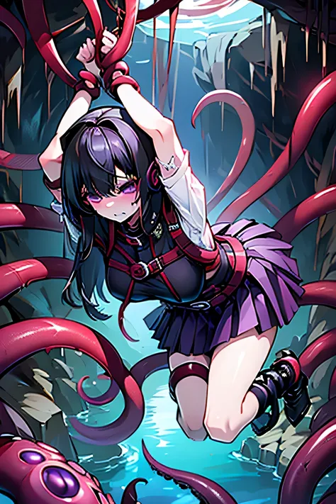 Beautiful woman wrapped in tentacles Multiple tentacles stripping off her clothes、controlled、Crying face、Red cheeks、Black Hair、Long Hair、Purple eyes、Cat ear headphones、Short skirt、Large Breasts