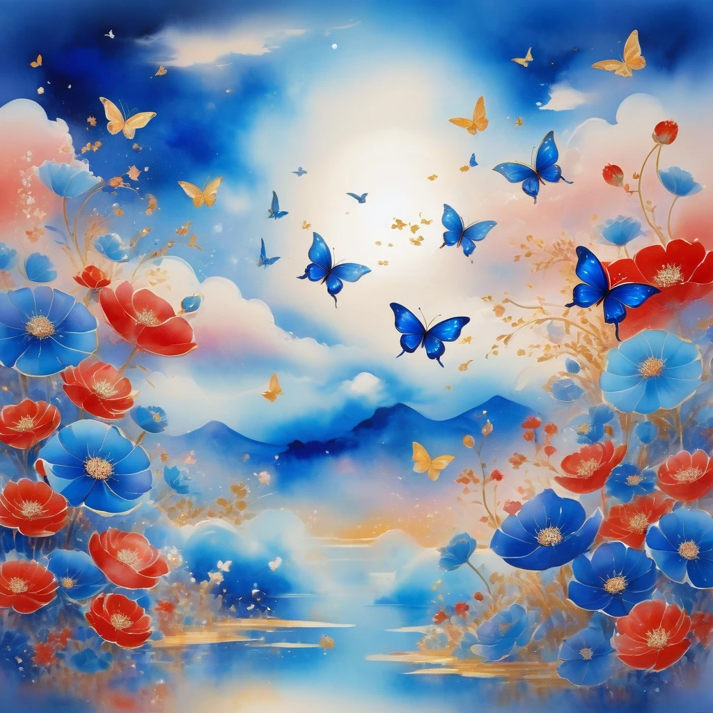 Dunhuang art style illustration,Many blue butterflies with patterns surrounded by auspicious clouds，Transparent diamond wings,Magnificent ,（Blue butterfly shining with starlight：1.36） Flying in the lotus pond ,extremely delicate brushstrokes, Soft and smooth, Chinese Red and Indigo, Golden background