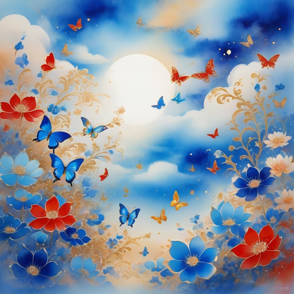 Dunhuang art style illustration,Many blue butterflies with patterns surrounded by auspicious clouds，Transparent diamond wings,Magnificent ,（Blue butterfly shining with starlight：1.36） Flying in the lotus pond ,extremely delicate brushstrokes, Soft and smooth, Chinese Red and Indigo, Golden background