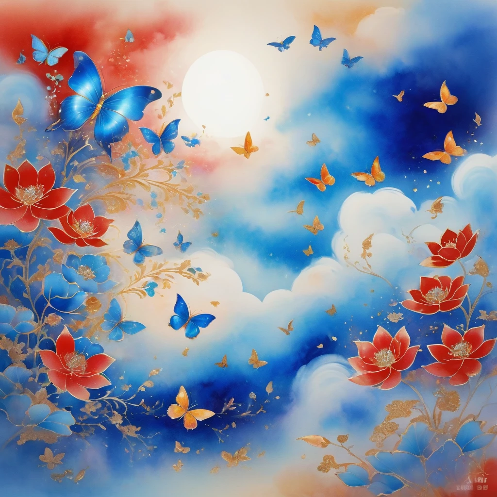 Dunhuang art style illustration,Many blue butterflies with patterns surrounded by auspicious clouds，Transparent diamond wings,Magnificent ,（Blue butterfly shining with starlight：1.36） Flying in the lotus pond ,extremely delicate brushstrokes, Soft and smooth, Chinese Red and Indigo, Golden background