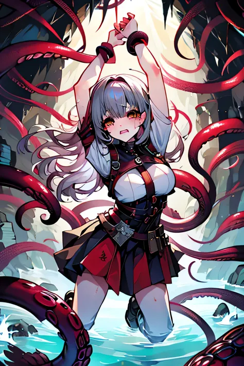 A beautiful woman wrapped in tentacles, with the tentacles stripping her of her clothes、controlled、Crying face、Red cheeks、Silver Hair、Long Hair、Yellow Eyes、Sacred clothing、Short skirt、Large Breasts